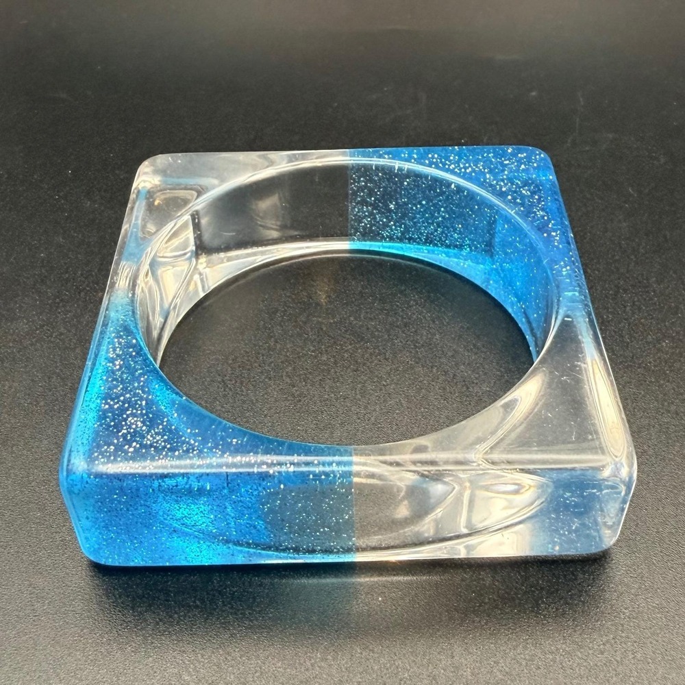 Vintage Bangle Blue Glitter Square Acrylic Resin Chunky Statement Y2K 8.25 "